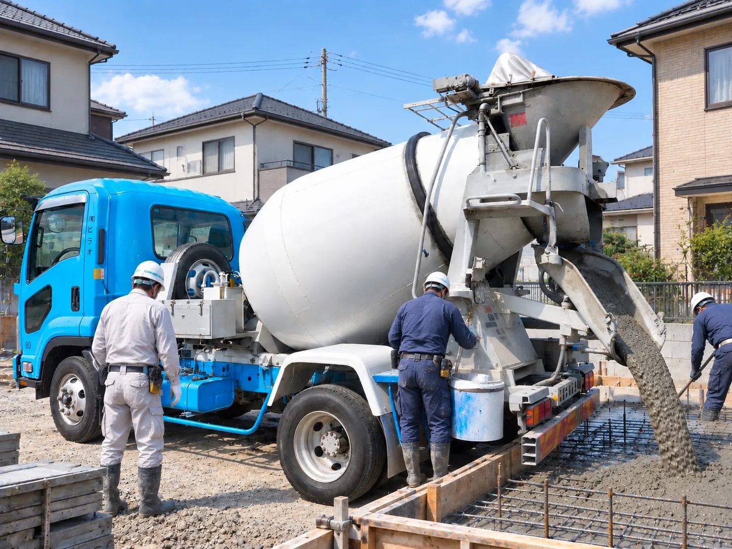 住宅が密集した現場で、基礎に生コンクリートを流し込む様子